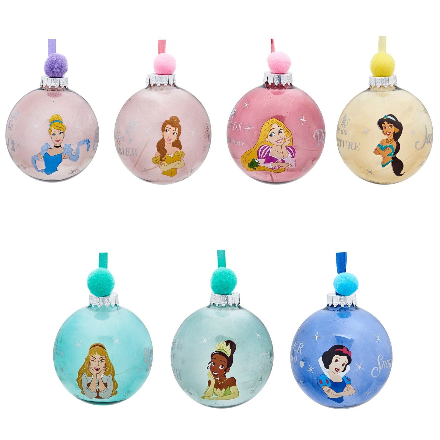 Disney Princesses Set of 7 Colourful Feather-Filled Pom Pom Baubles