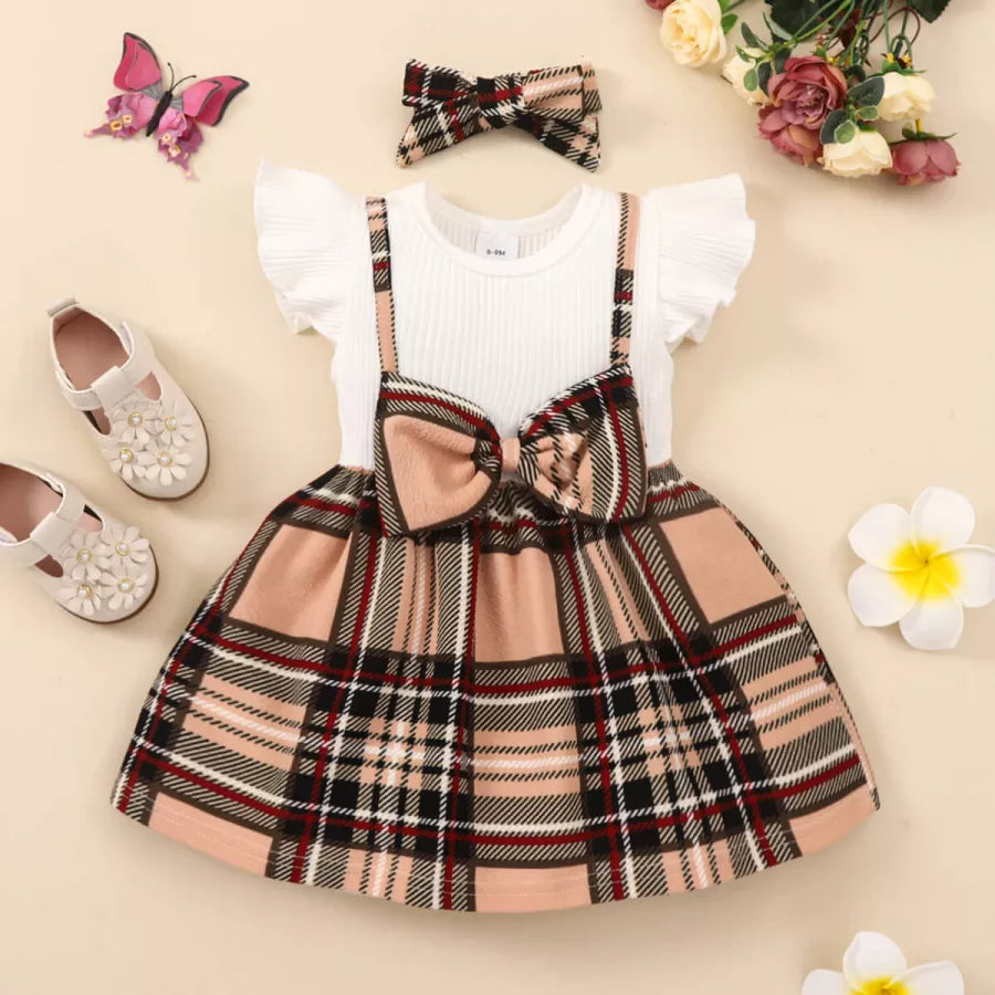 Ruffle Sleeve and Plaid Pattern Dress with Headband front