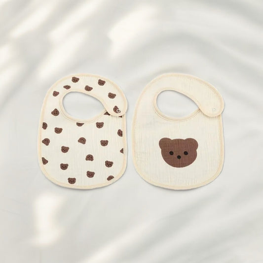 2-Piece Cream & Brown Teddy Print Bib Set