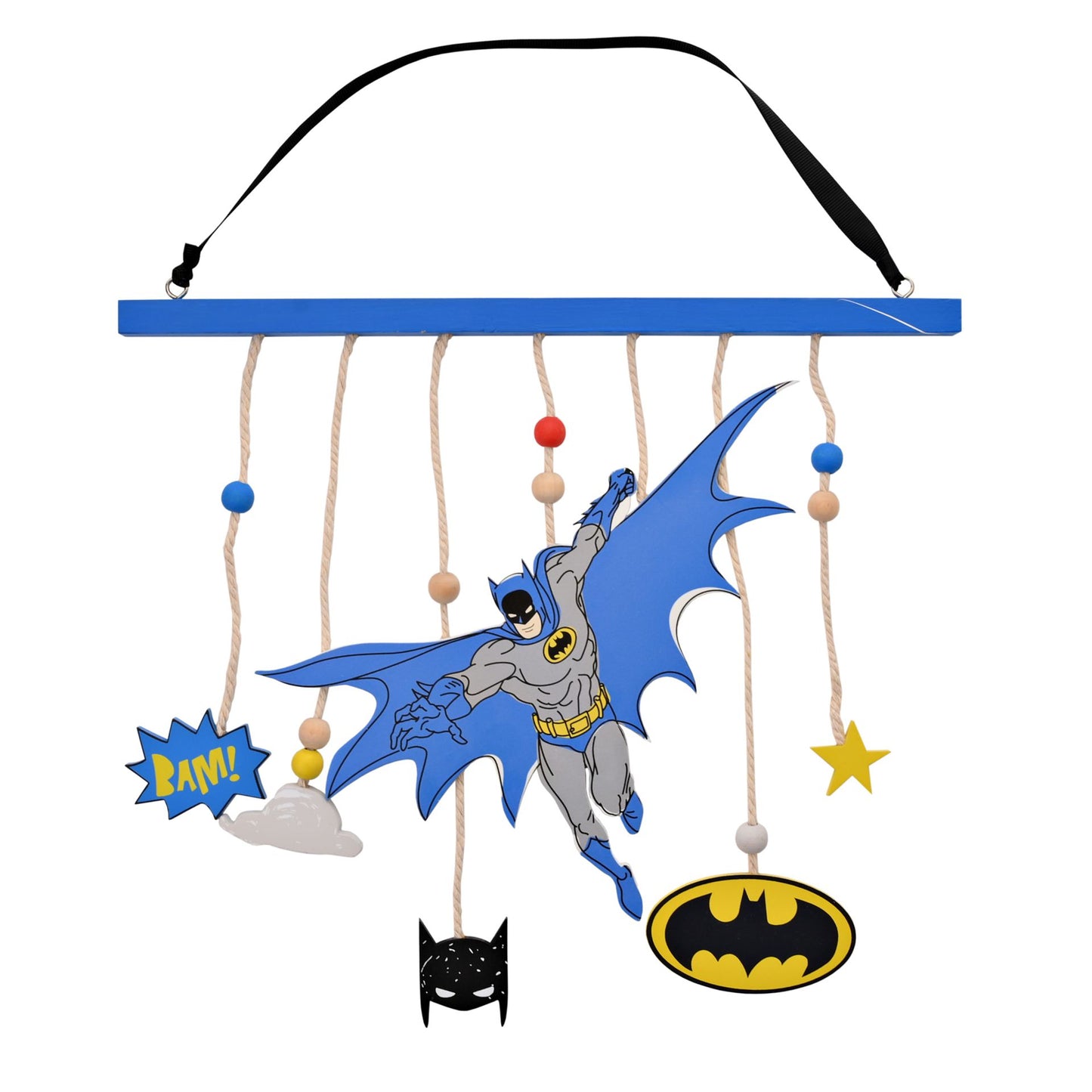 Batman Hanging Wall Art. The wall art stands out with a large image of Batman mid-flight, which hangs from a blue, matt finish rectangular plaque by its black hanger. It is furthered by additional decorations – including star, cloud, Batman’s mask and ‘Bam!’ emblem - all of which hang around the caped crusader.