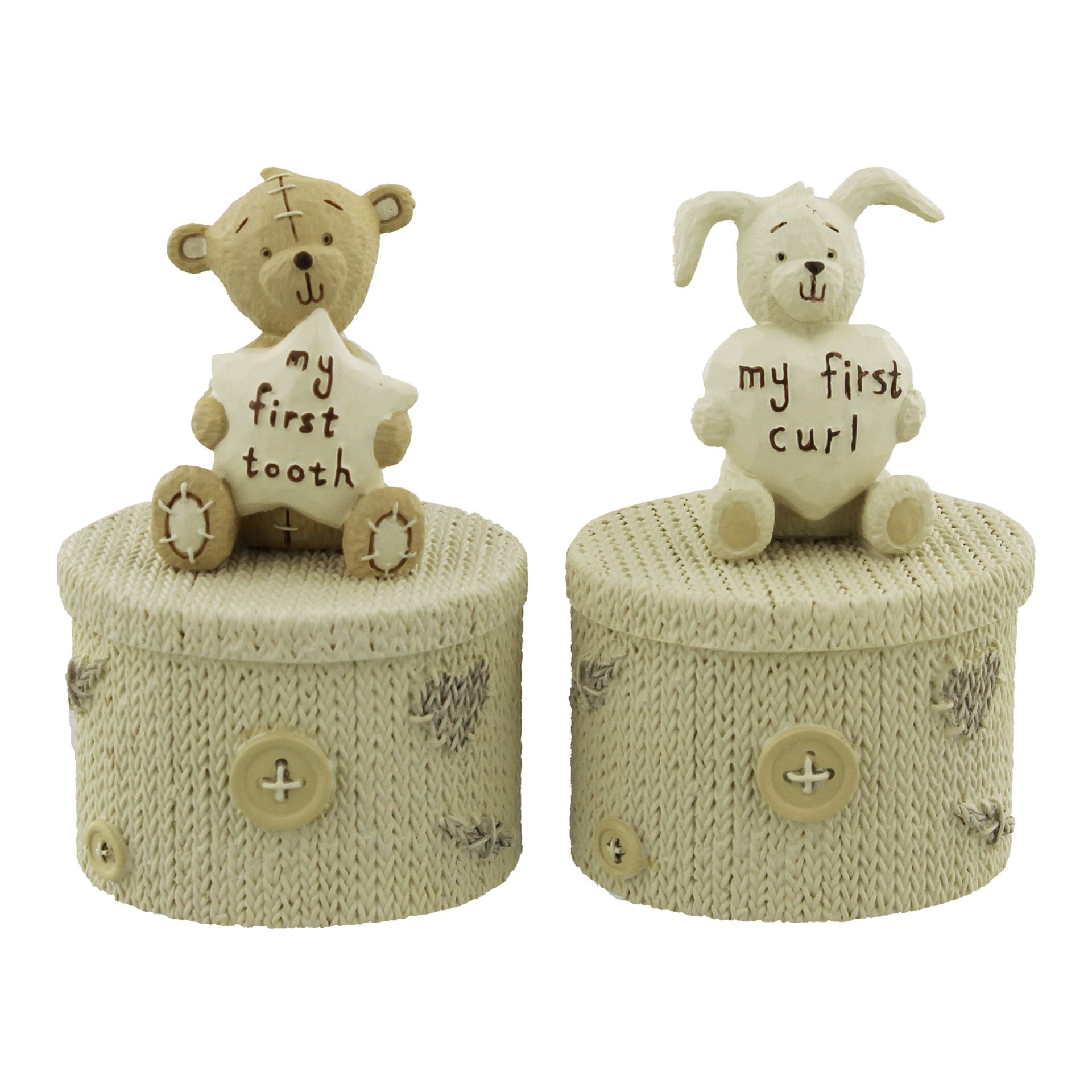 Button Corner Resin 1st Tooth & 1st Curl Set. The resin boxes have a stitched effect design with adorable Button Corner Teddy & Rabbit holding a 'my first tooth' and 'my first curl' heart and star.