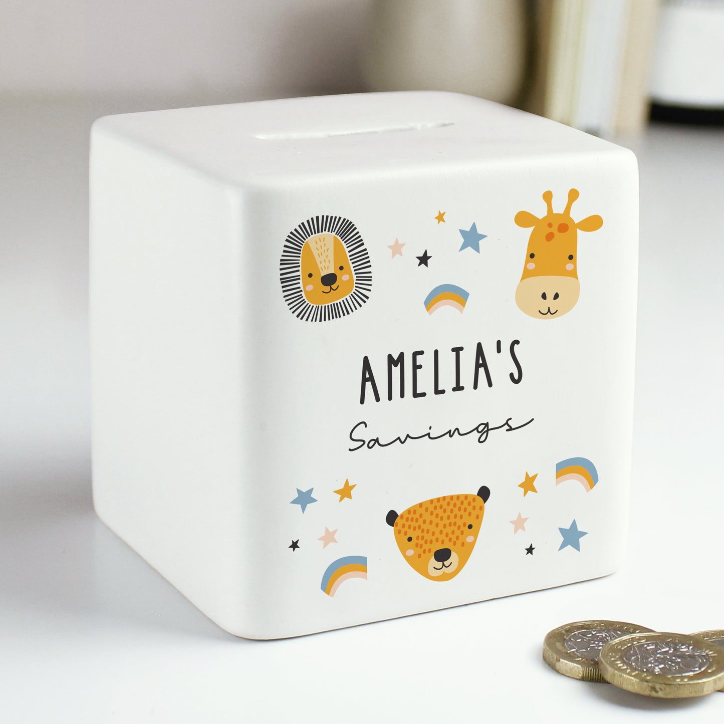 Personalised Scandi Safari Animals Ceramic Square Money Box