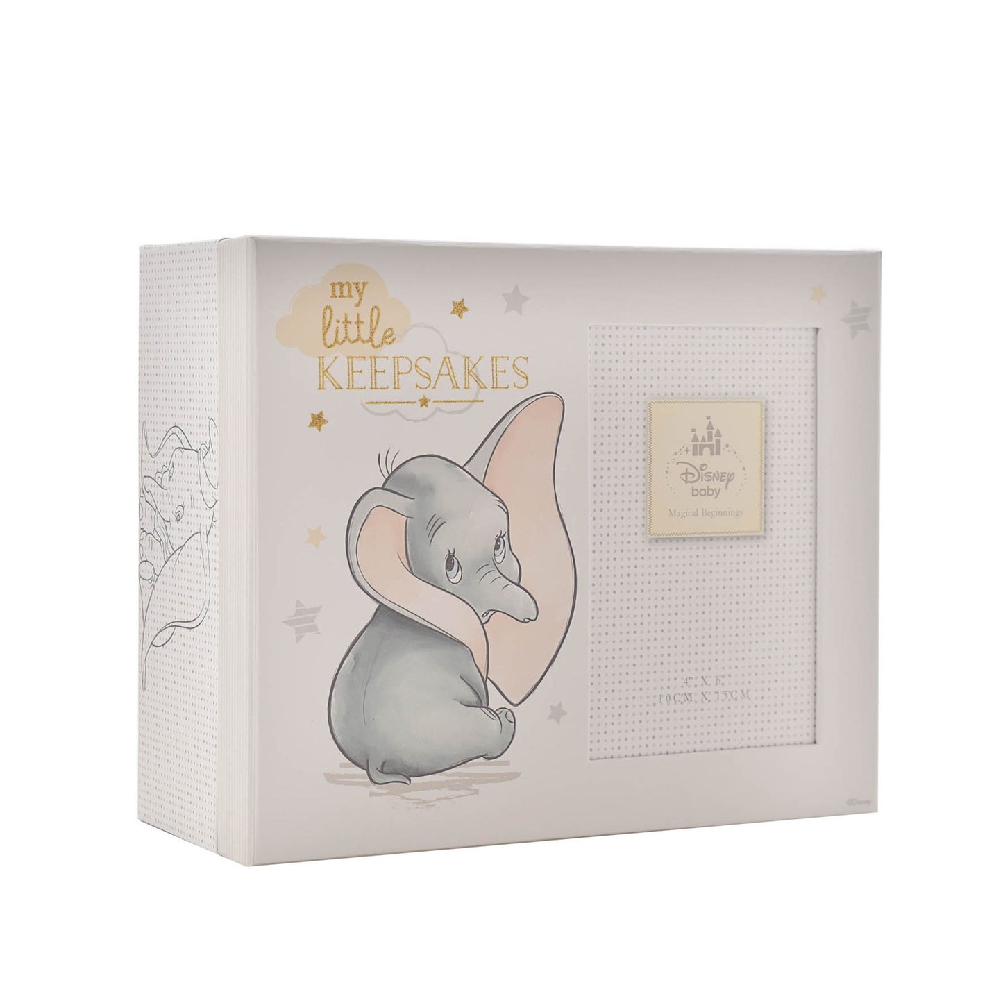 Disney Dumbo Magical Beginnings Keepsake Box. It features an adorable, printed image of Dumbo, complete with ‘My little keepsakes’ sentiment in gold glitter lettering. This is enhanced by soft pastel colours, portrait aperture within the lid and internal storage compartments.