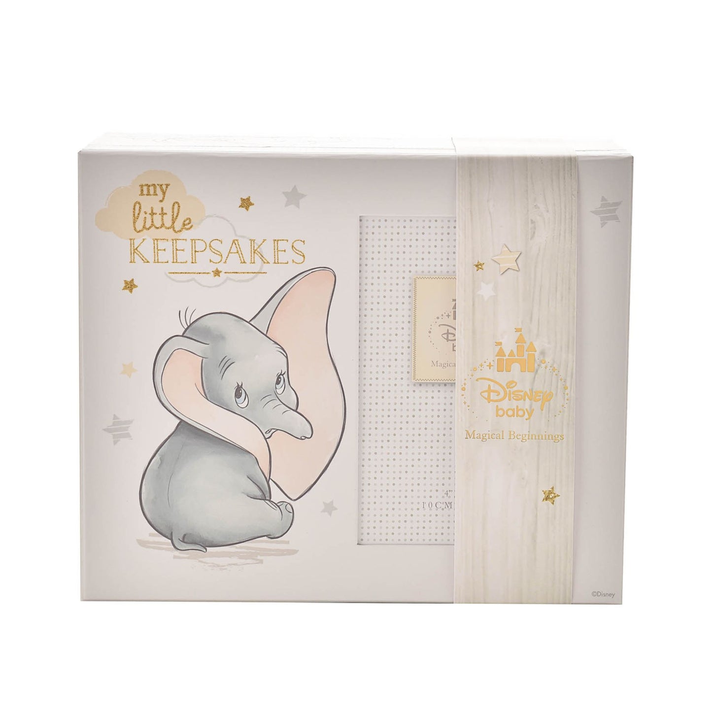 Disney Dumbo Magical Beginnings Keepsake Box. It features an adorable, printed image of Dumbo, complete with ‘My little keepsakes’ sentiment in gold glitter lettering. This is enhanced by soft pastel colours, portrait aperture within the lid and internal storage compartments.