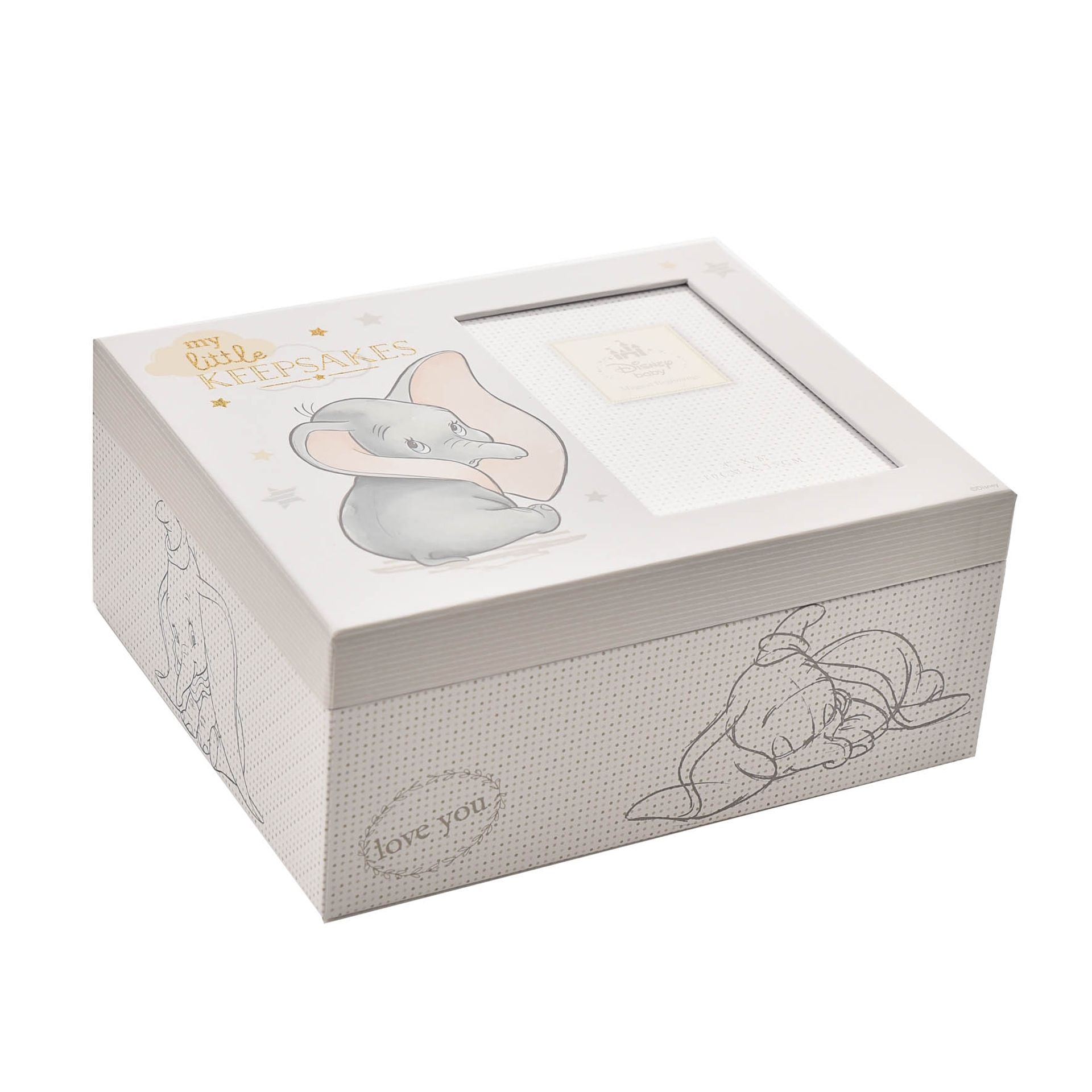 Disney Dumbo Magical Beginnings Keepsake Box. It features an adorable, printed image of Dumbo, complete with ‘My little keepsakes’ sentiment in gold glitter lettering. This is enhanced by soft pastel colours, portrait aperture within the lid and internal storage compartments.