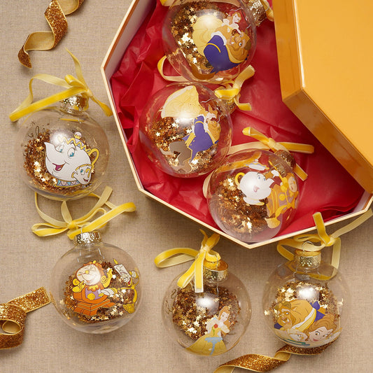 Disney Beauty & The Beast Set of 7 Golden Glitter Baubles
