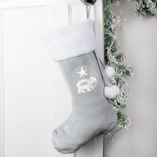 Personalised Baby Polar Bear Luxury Silver Grey Stocking