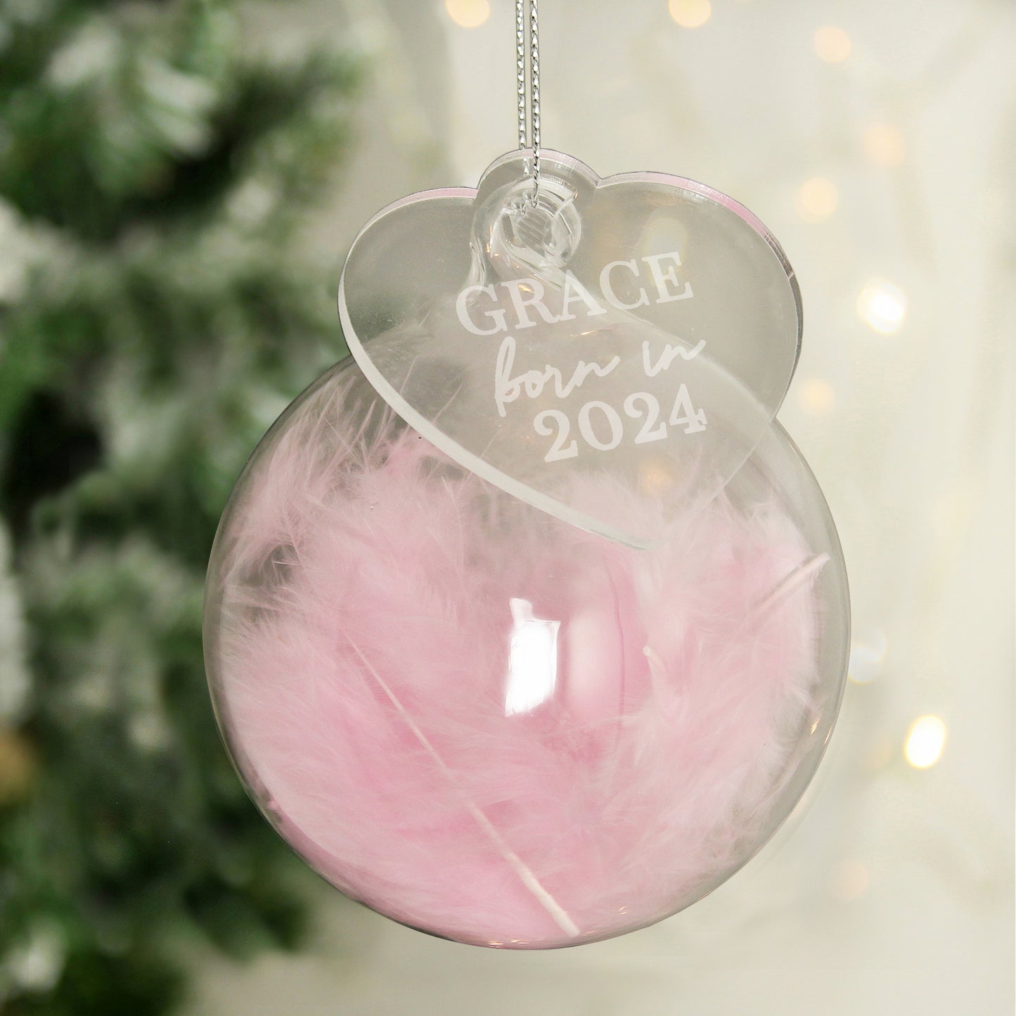 Personalised Born In Pink Feather Glass Bauble With Heart Tag