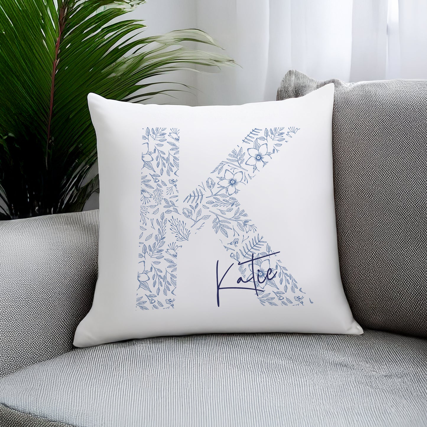 Personalised Floral Blue Initial Cushion