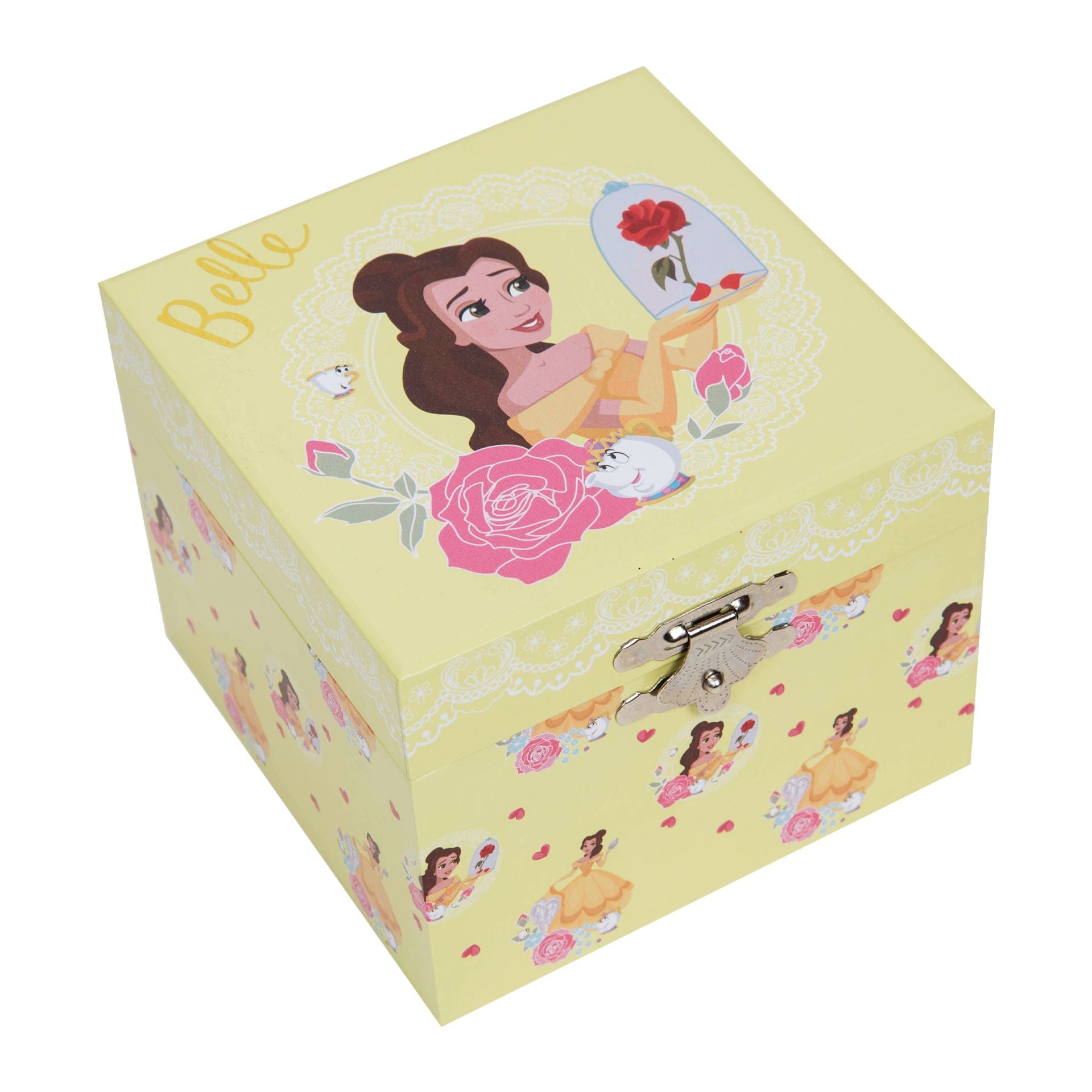 Princess Belle Musical Jewellery Box. 
Featuring:

Pastel yellow paper wrapped box with gold foil Belle title.
Beautiful Belle in her yellow ball gown illustration.
Wind up musical mechanism - plays "Fur Elise".
Rotating Belle plaque inside.
Oval shaped mirror under the lid.
1 x Large compartment.
Silver shell shaped push clasp.
