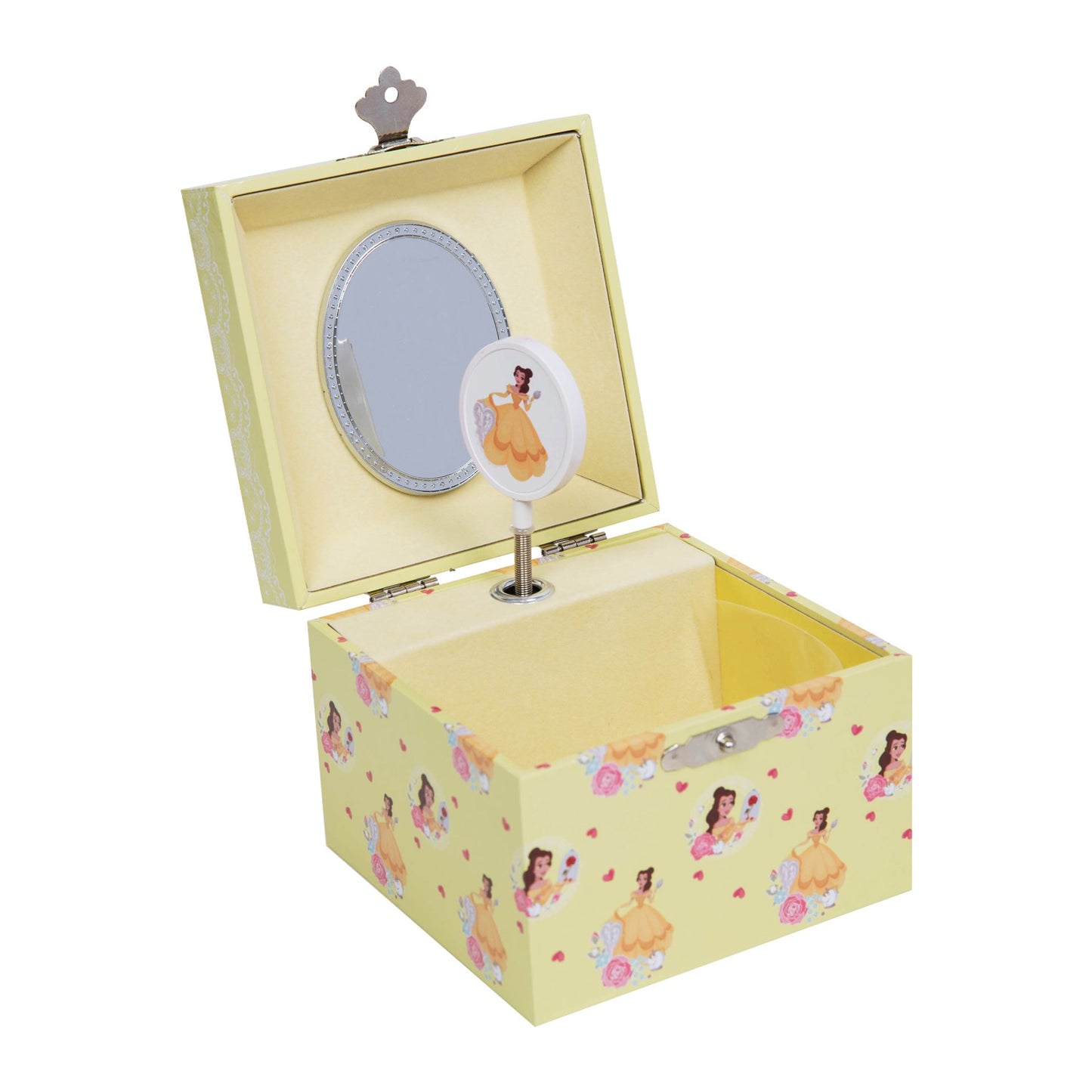 Princess Belle Musical Jewellery Box. 
Featuring:

Pastel yellow paper wrapped box with gold foil Belle title.
Beautiful Belle in her yellow ball gown illustration.
Wind up musical mechanism - plays "Fur Elise".
Rotating Belle plaque inside.
Oval shaped mirror under the lid.
1 x Large compartment.
Silver shell shaped push clasp.
