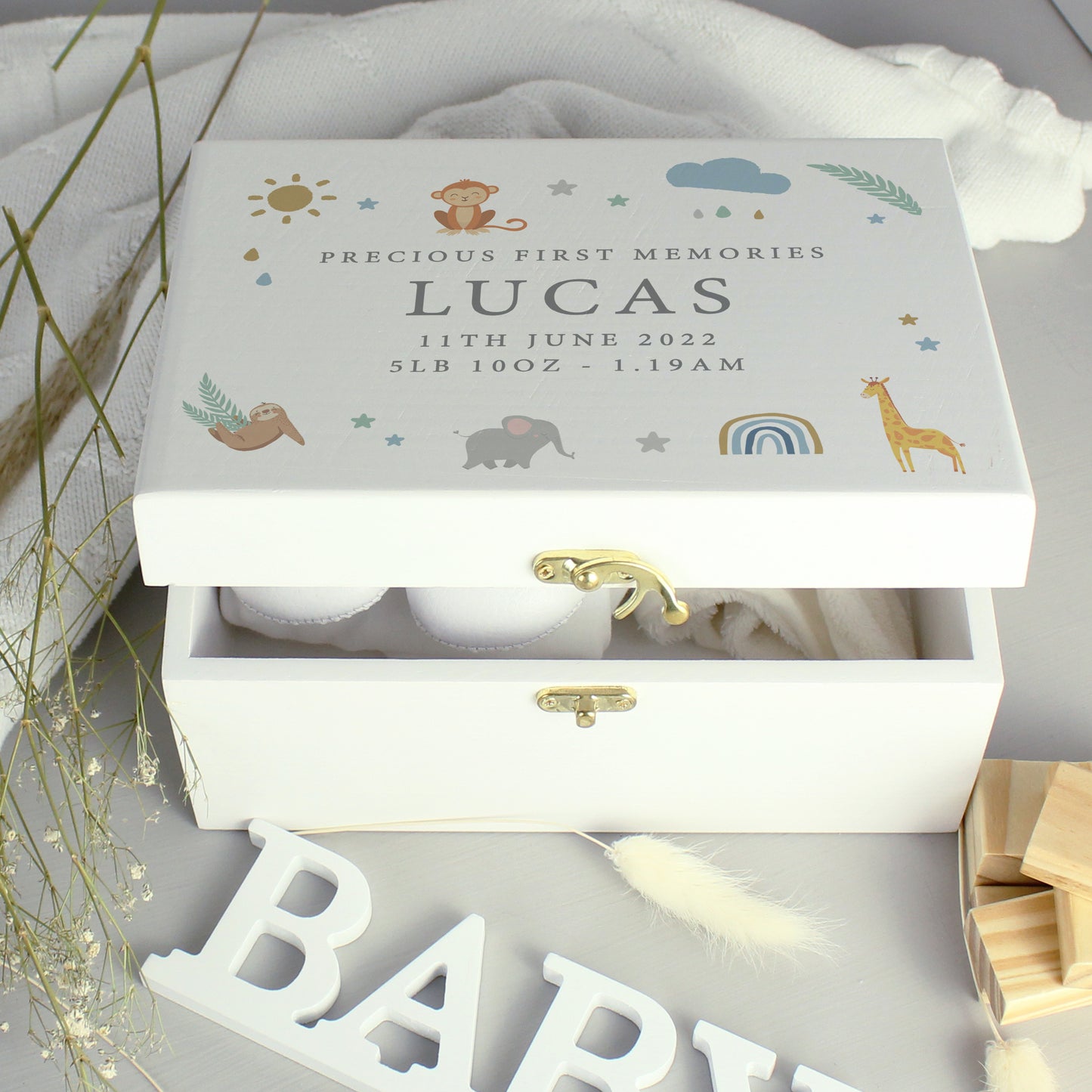 Personalised Safari Animals White Wooden Keepsake Box