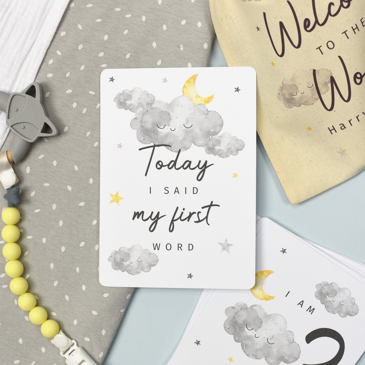 Personalised Cloud Baby Milestone Cards In Drawstring Bag