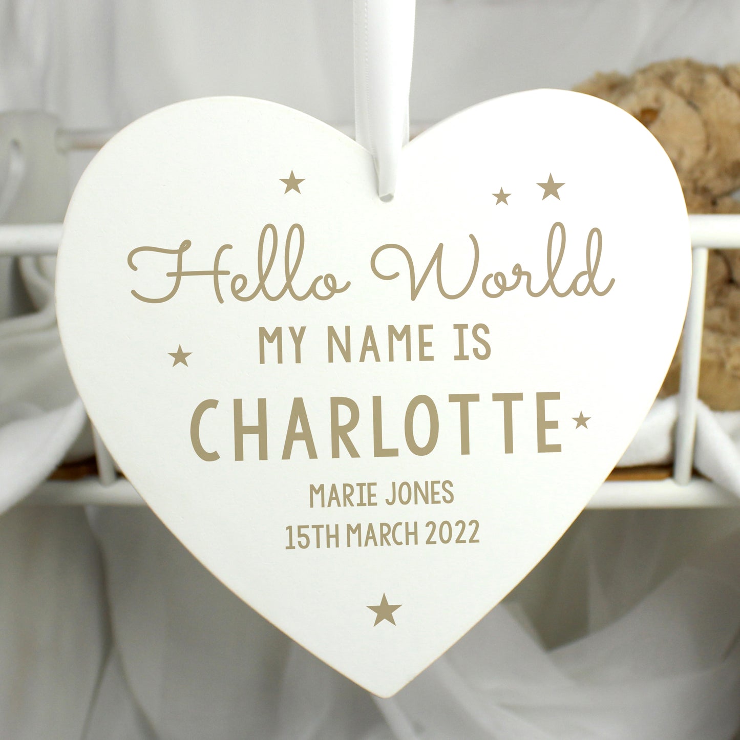 Personalised Hello World Large Wooden Heart Decoration