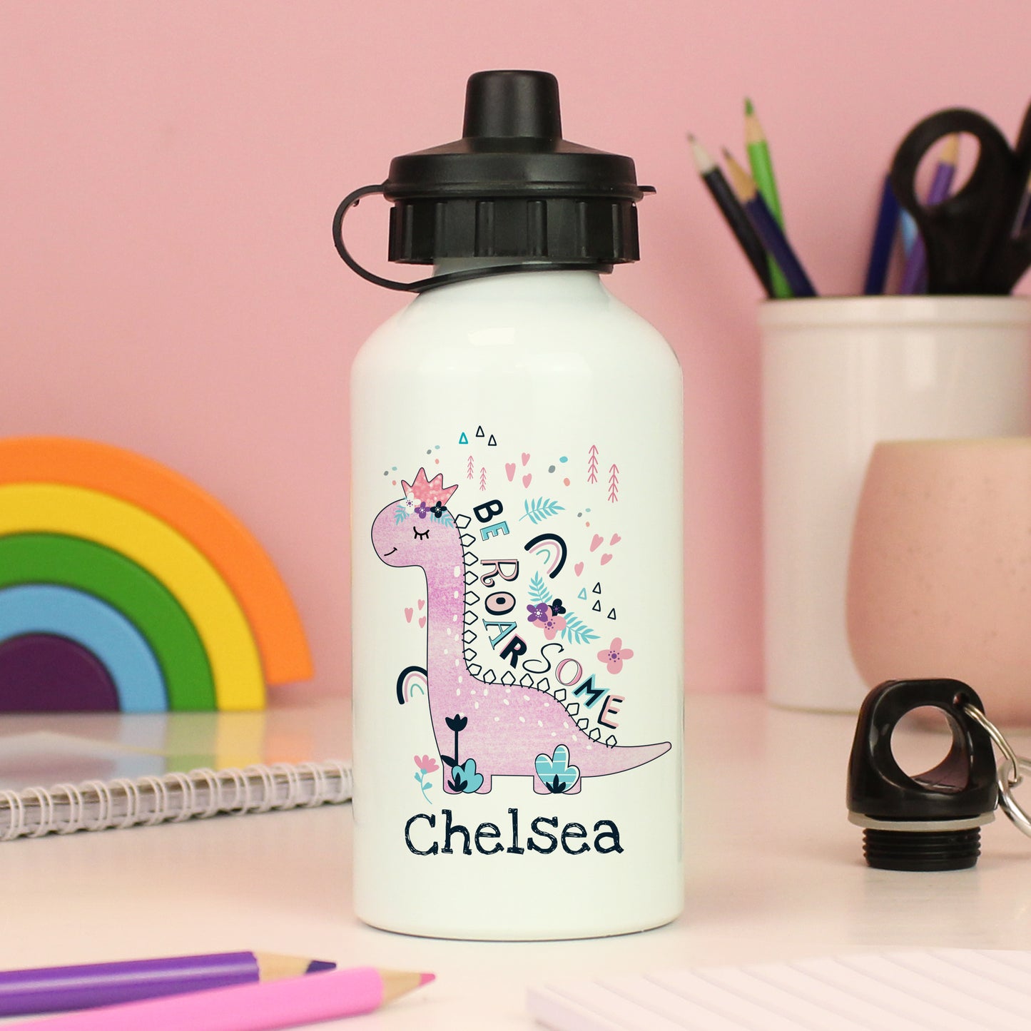 Personalised Dinosaur Pink Drinks Bottle