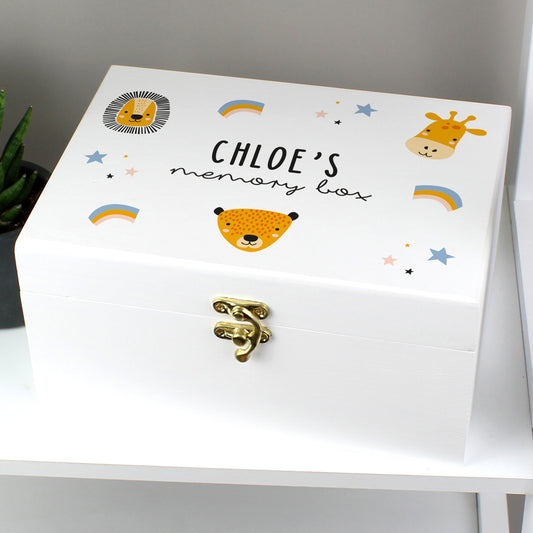 Personalised Safari Animals White Wooden Keepsake Box