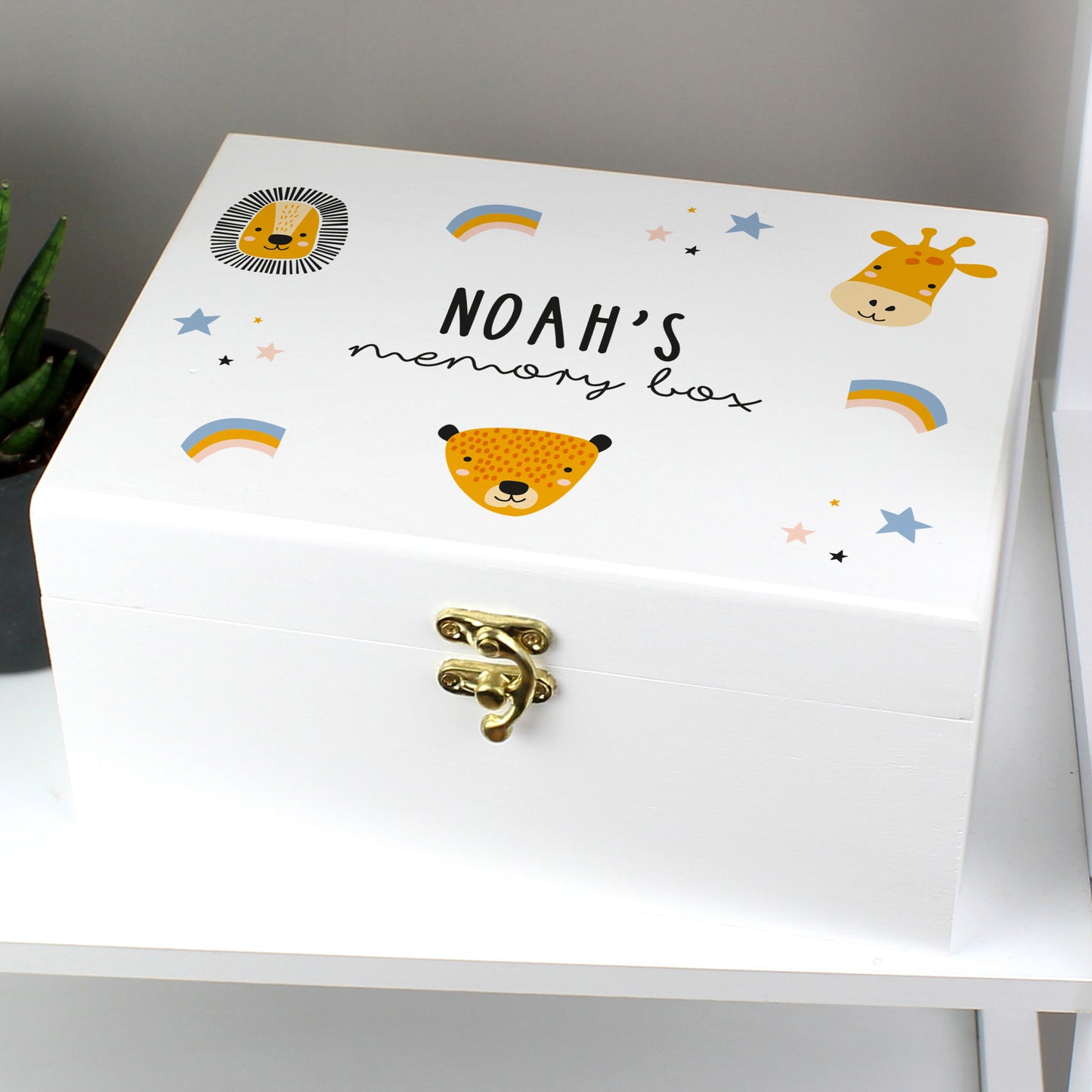 Personalised Safari Animals White Wooden Keepsake Box