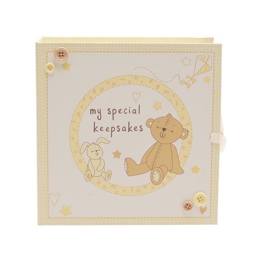 An adorable Button Corner Keepsake Box which opens up to reveal 9 drawers labelled:
My first mittens.
My dummy.
My precious things.
My bits and bobs.
My hospital bracelet.
My treasures.
My first shoes.
My first scan and
My special keepsakes.