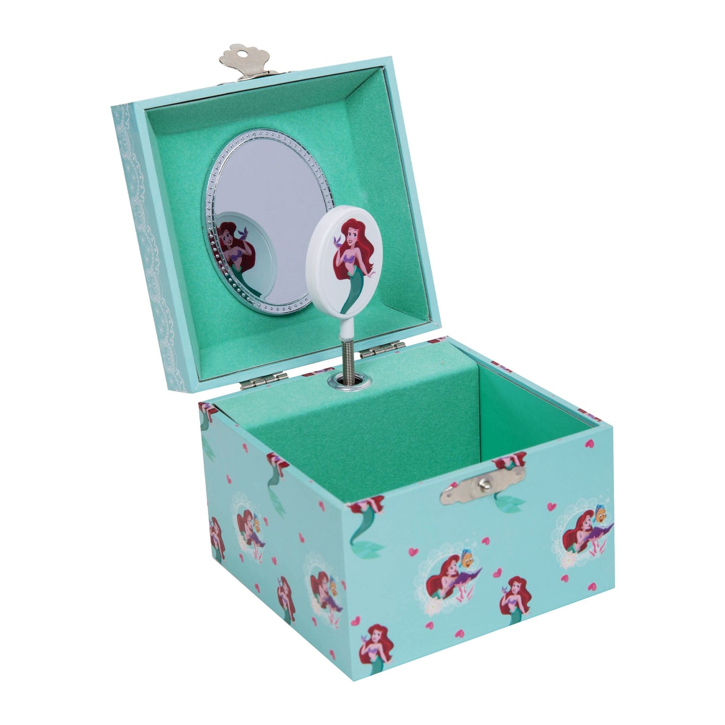 Pastel Princess Ariel Musical Jewellery Box. 
Featuring:

Pastel blue paper wrapped box with gold foil ARIEL title.
Beautiful Ariel and Flounder reading illustration.
Wind up musical mechanism, plays "Beautiful Dreamer".
Rotating Ariel plaque inside.
Oval shaped mirror under the lid.
1 x large compartment.
Silver shell shaped push clasp.