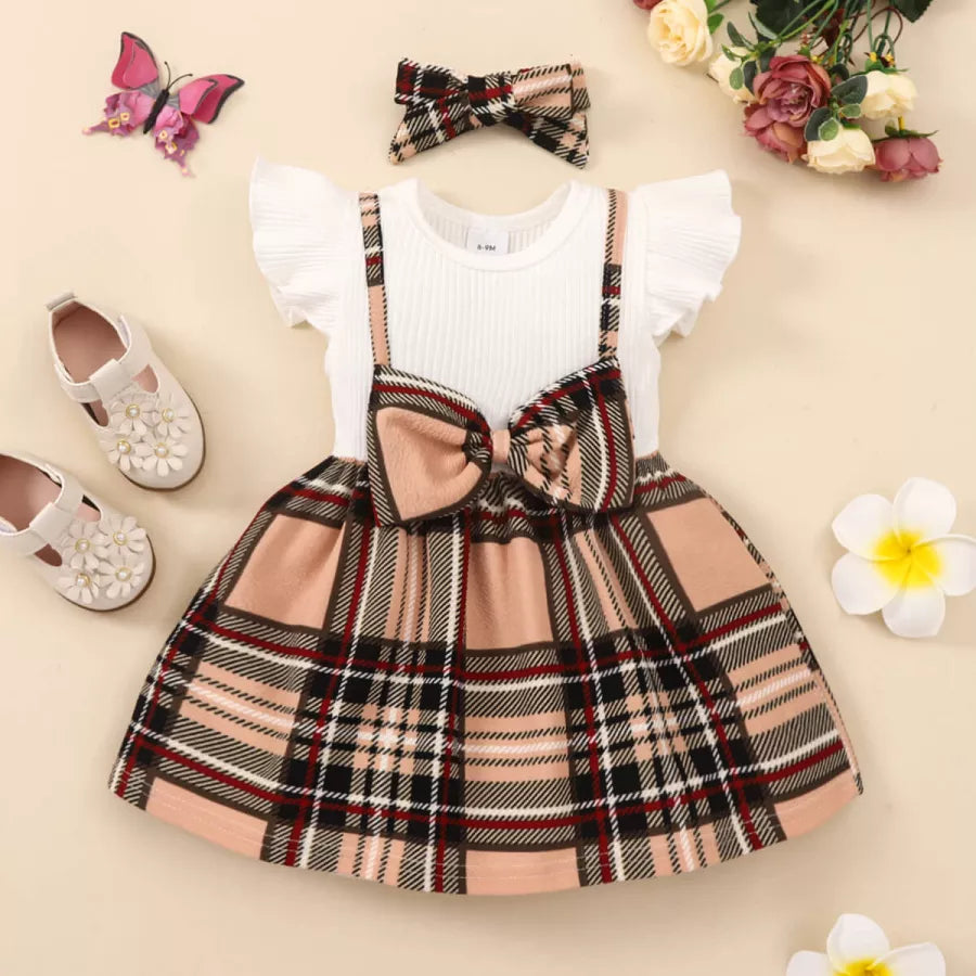 Ruffle Sleeve and Plaid Pattern Dress with Headband front 