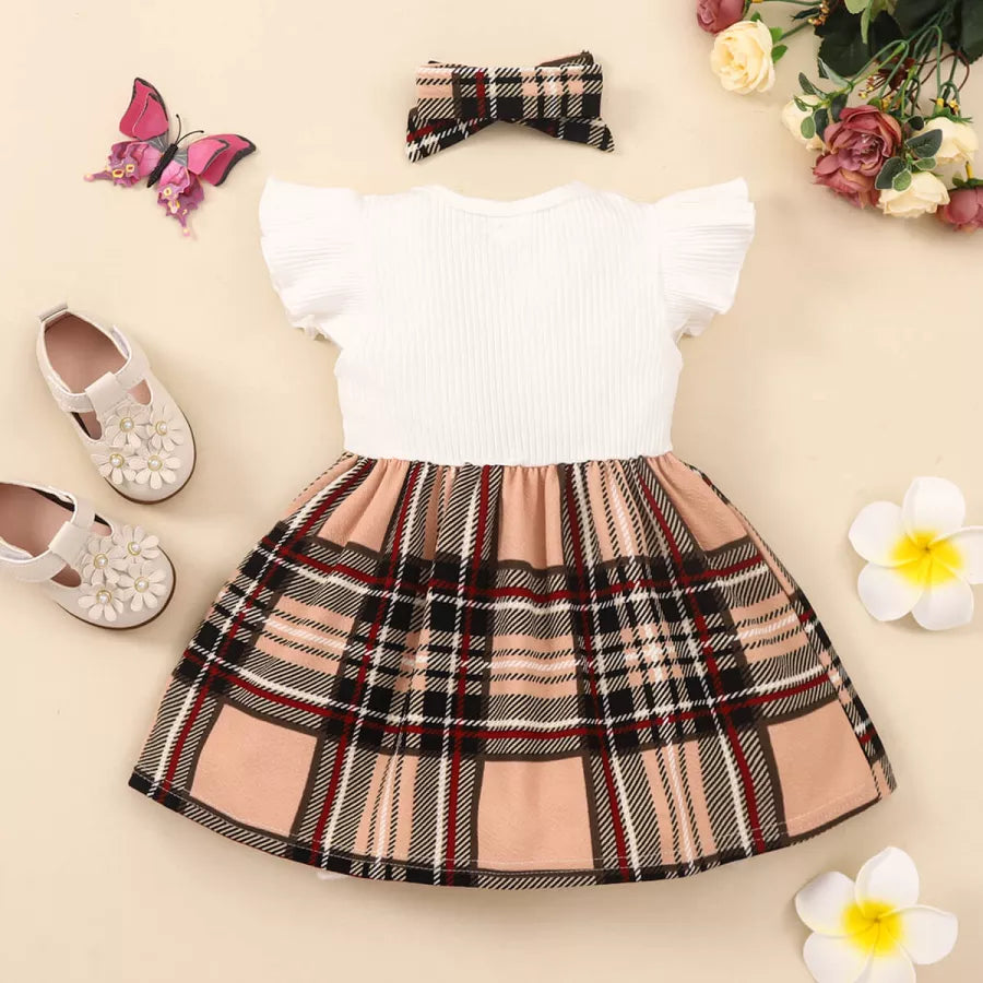 Ruffle Sleeve and Plaid Pattern Dress with Headband back