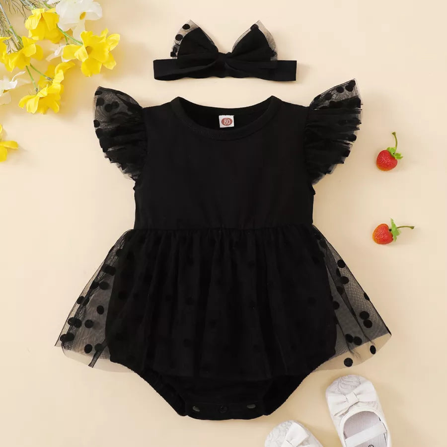 Polka Dot Mesh Bodysuit Dress and Bow-knot Headband